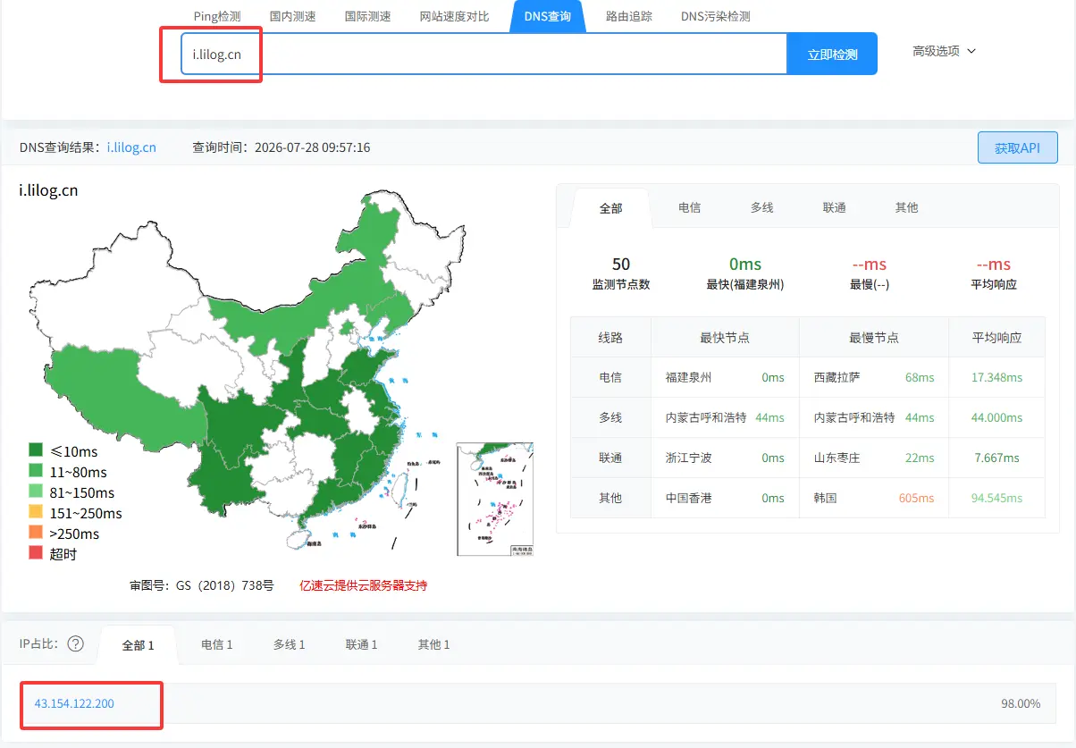 i.lilog.cn在09:57:16的DNS查询结果
